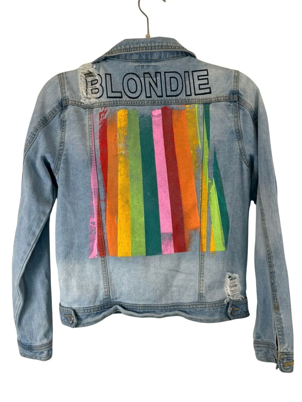 Judith March Blondie Rainbow Retro Distressed 70s Denim Jacket Small